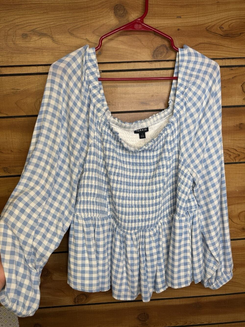 Torrid Light Blue Gingham Smocked Peplum Blouse Long Sleeve Size 1X